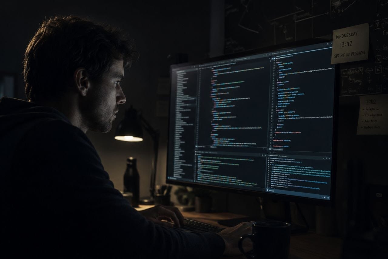 Developer at a dark terminal screen mid-sprint