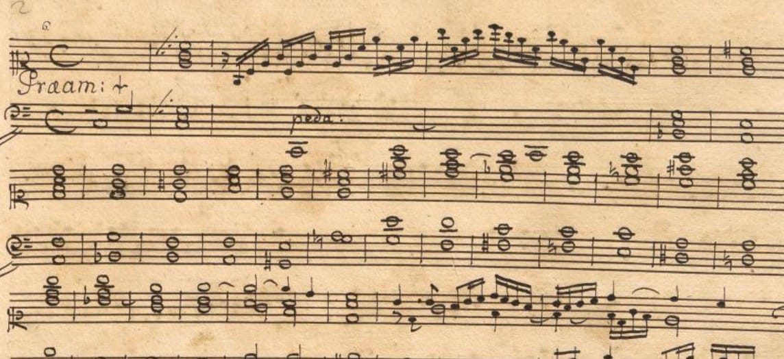 Manuscript page from Seger's Praeambulum L 6, showing whole-note chord introduction in the Becker manuscript
