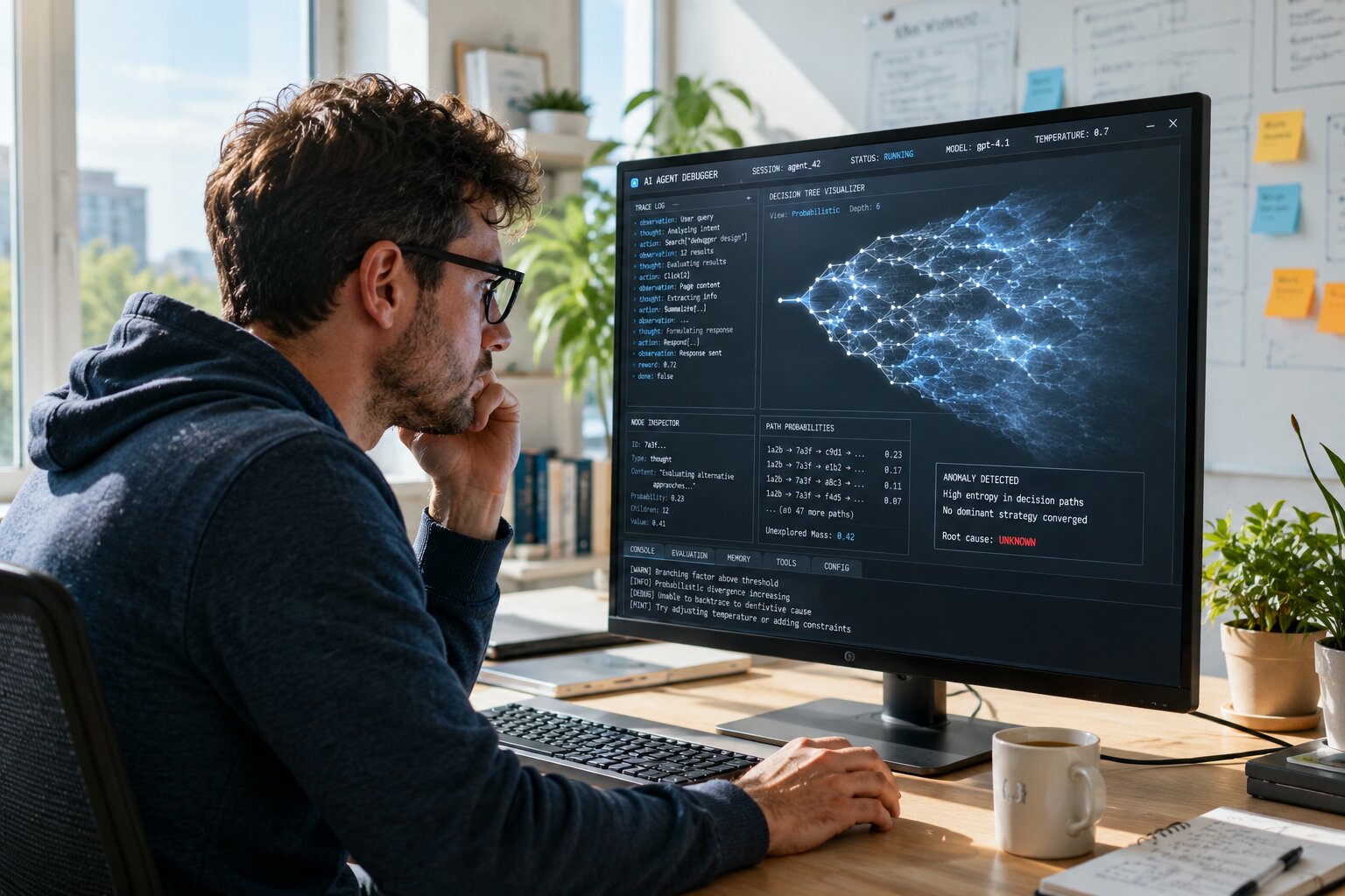 A developer debugging an AI agent with traditional tools, confronted by the mismatch between deterministic instincts and probabilistic agent behavior