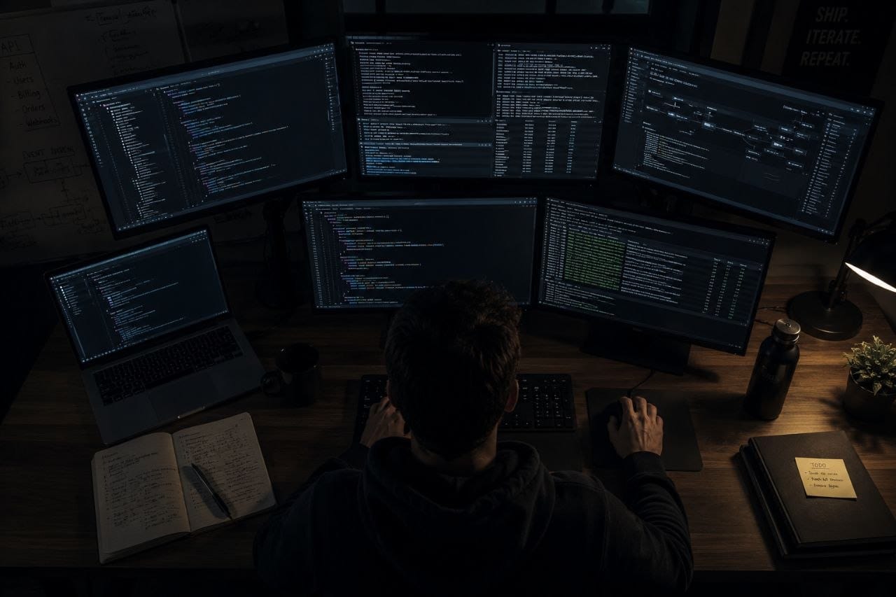 Multiple monitors showing parallel Claude Code sessions