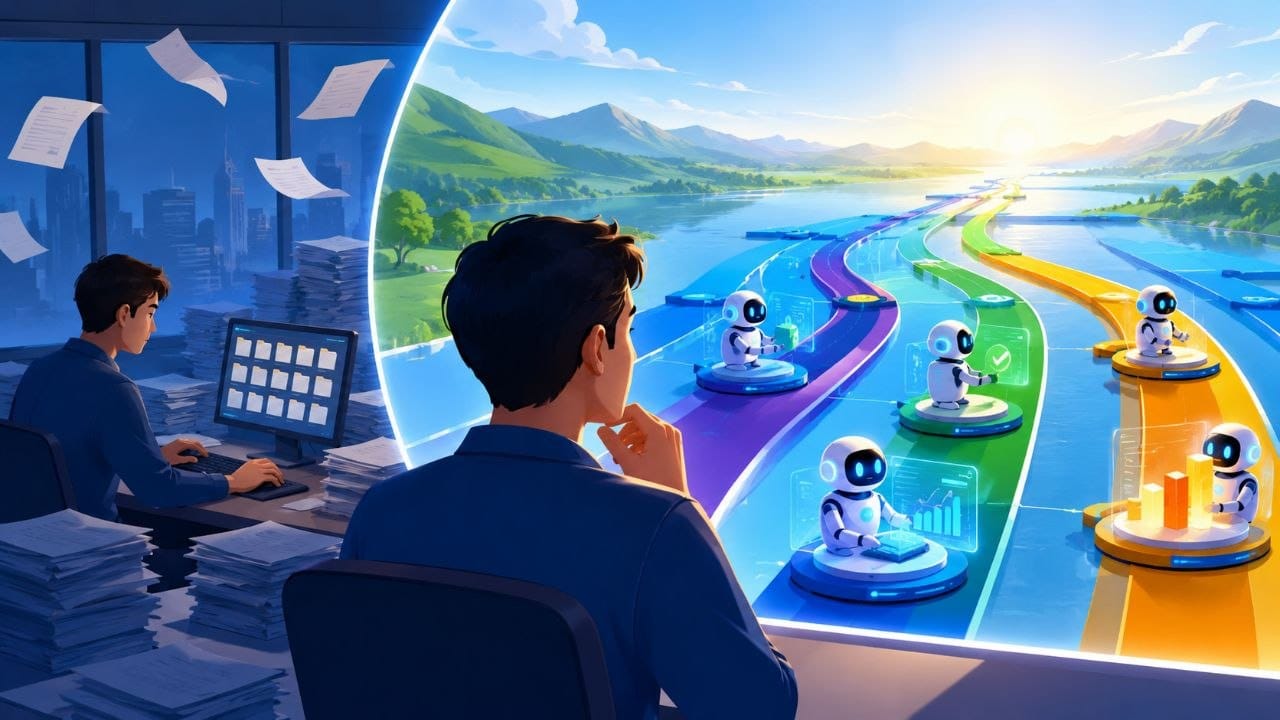 Human orchestrating autonomous AI agents, representing the new managerial role