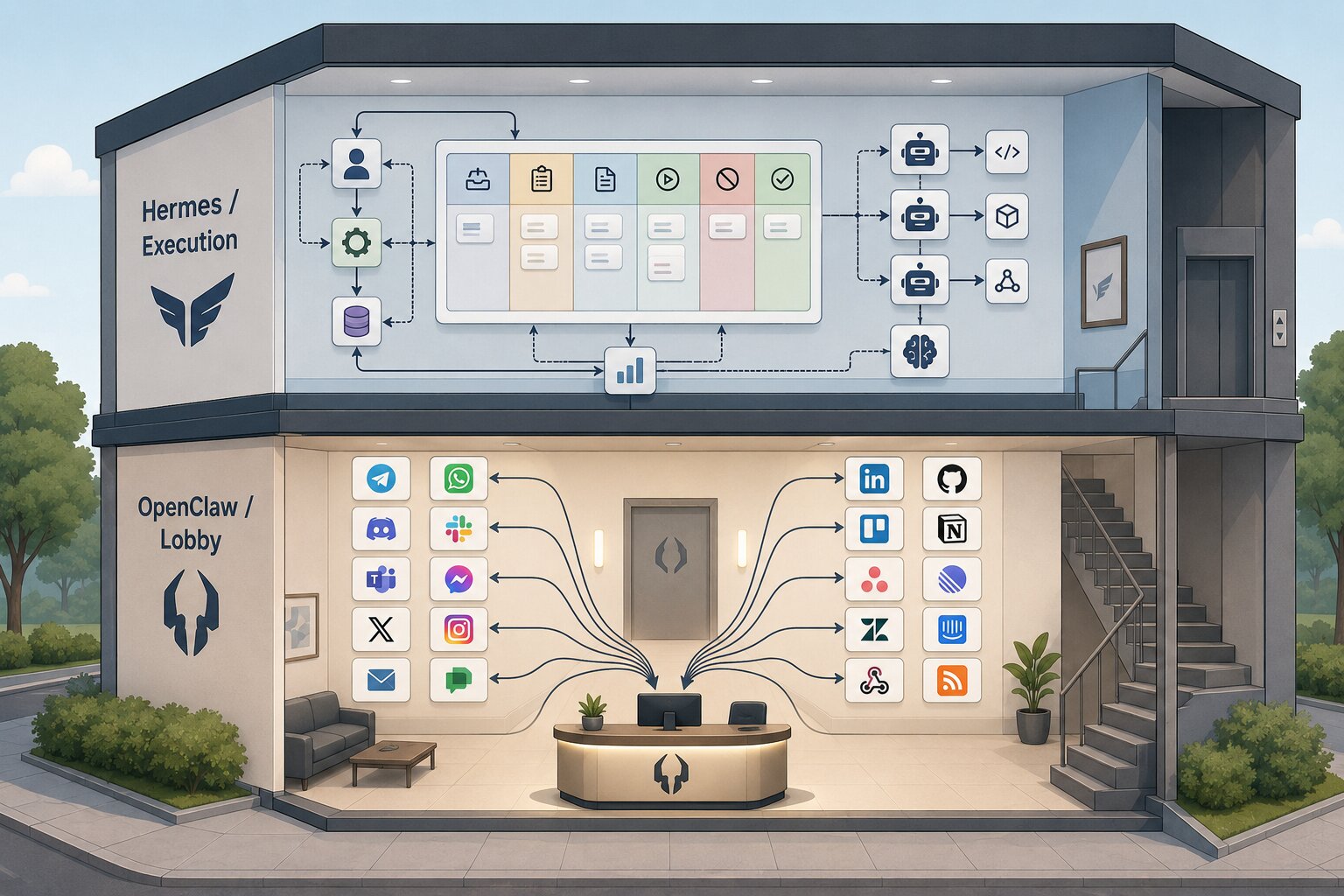 Building cross-section showing OpenClaw as the lobby routing messages from many platforms, and Hermes as the execution floor above