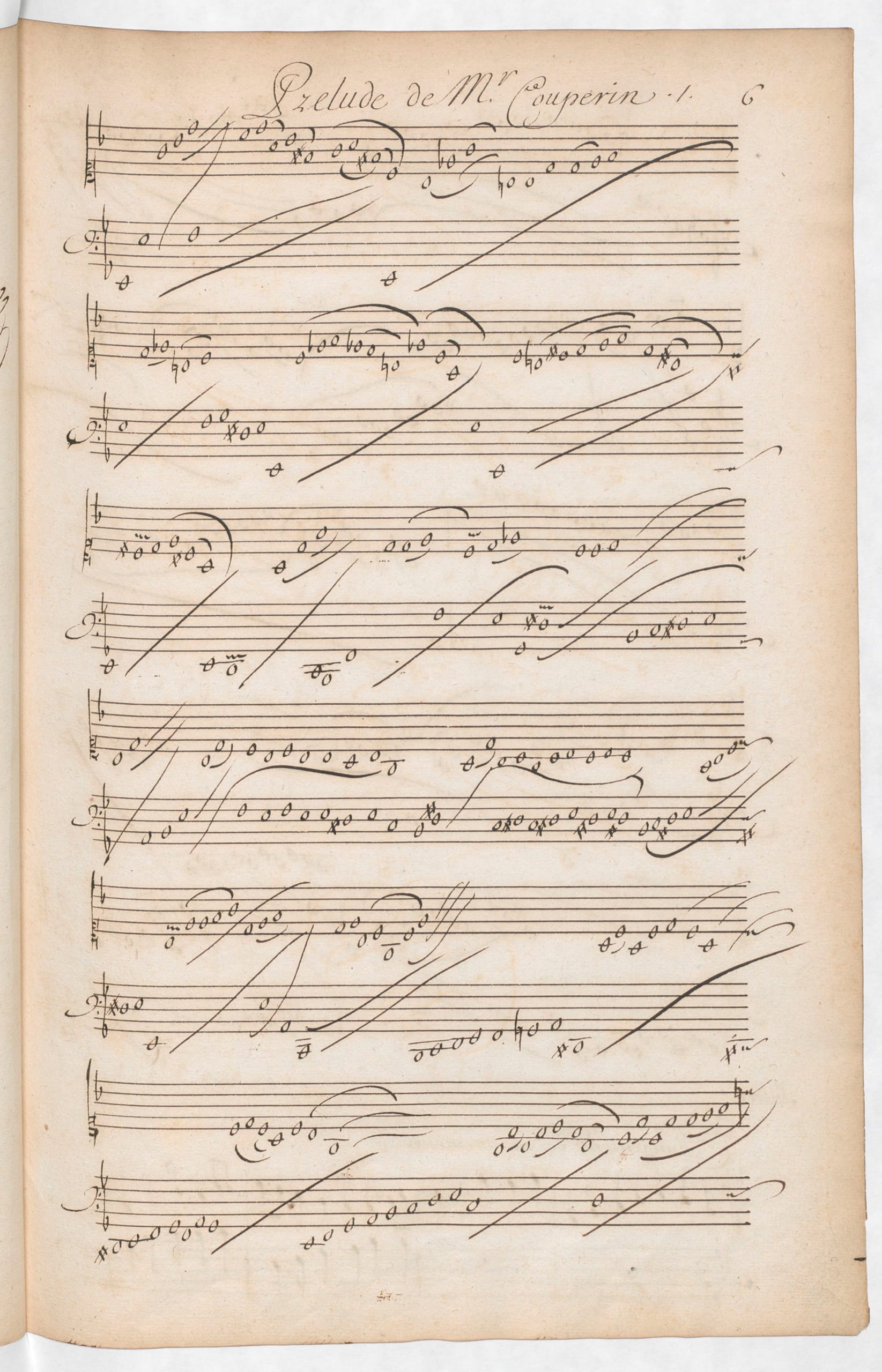 Page from the Bauyn manuscript showing Louis Couperin's unmeasured prelude notation — semibreves with connecting lines, no bar lines