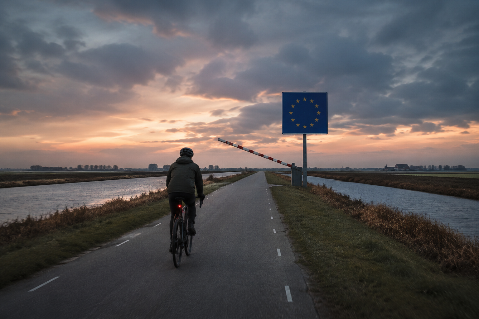 Fietser op een polderweg met een dalende slagboom — metafoor voor het nieuwe Nederlandse nettariefstelsel dat start terwijl Brussel de regels aanscherpt