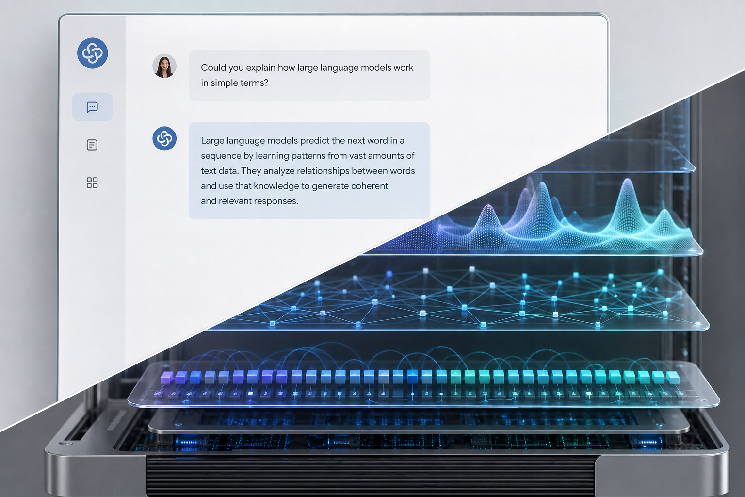 Chat interface above a layered neural-network diagram and token stream inside a computer, illustrating probabilistic language prediction.