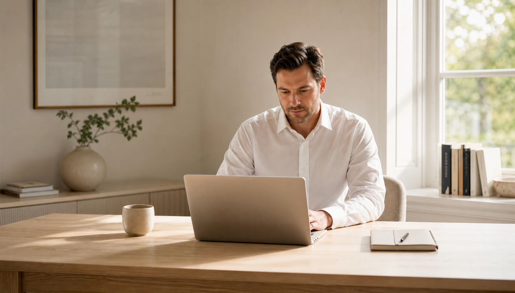 A professional working alone at a laptop in a quiet private home office with warm natural daylight