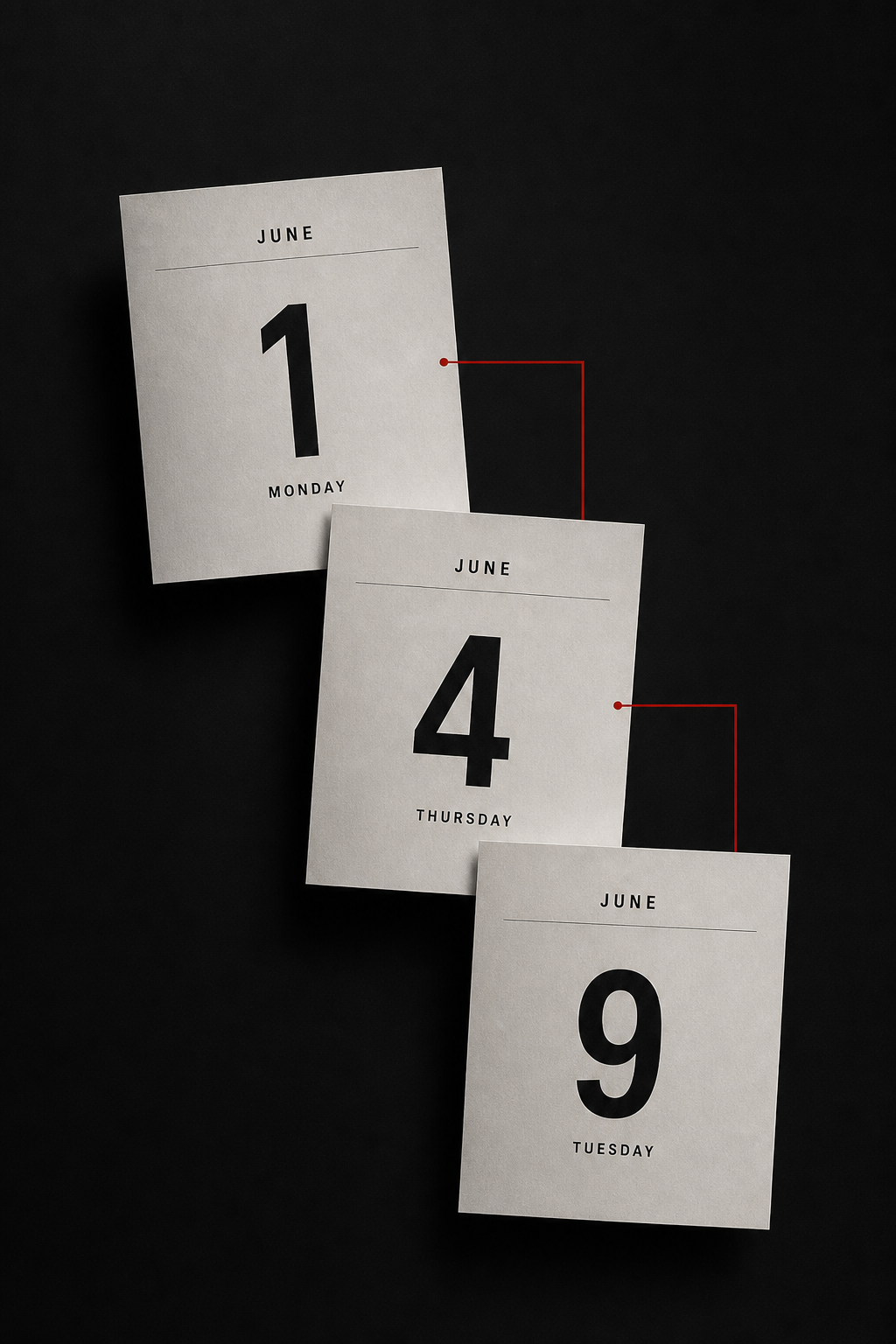 Three calendar pages showing June 1 (Monday), June 4 (Thursday), and June 9 (Tuesday) arranged diagonally on a dark background, connected by thin red lines