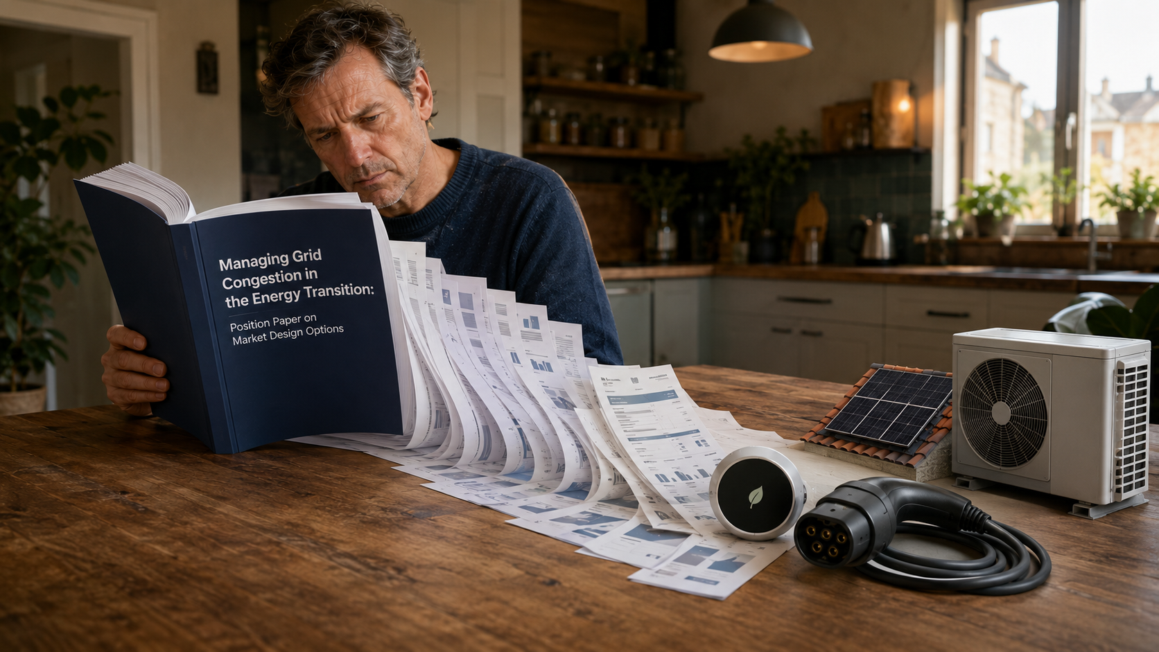 Man aan keukentafel leest het ENTSO-E-rapport over netcongestie, met een EV-laadkabel, zonnepaneel en warmtepomp op tafel