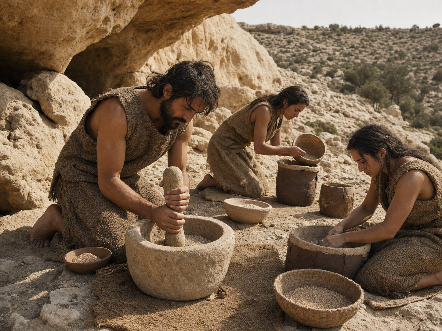 Natufian people working with stone mortars and clay vessels at a rocky hillside shelter, dry Mediterranean scrubland in the background