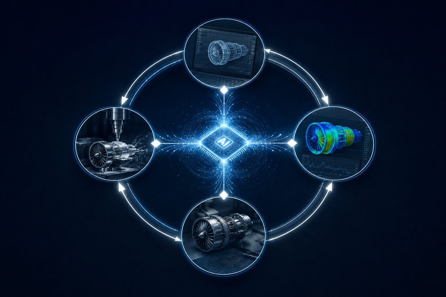 Circular engineering design loop diagram with four phases connected to a central glowing AI node, rendered in blue and white on a dark background.