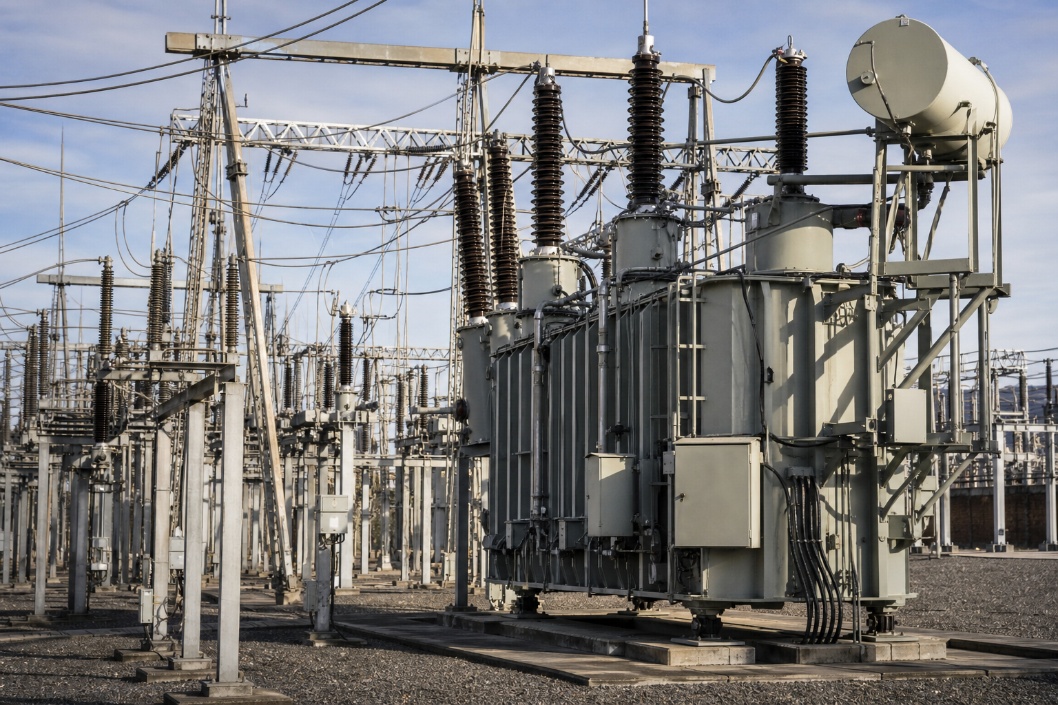 Transformator en netinfrastructuur in een hoogspanningsstation, met een dichte wirwar van leidingen en isolatoren op de achtergrond.