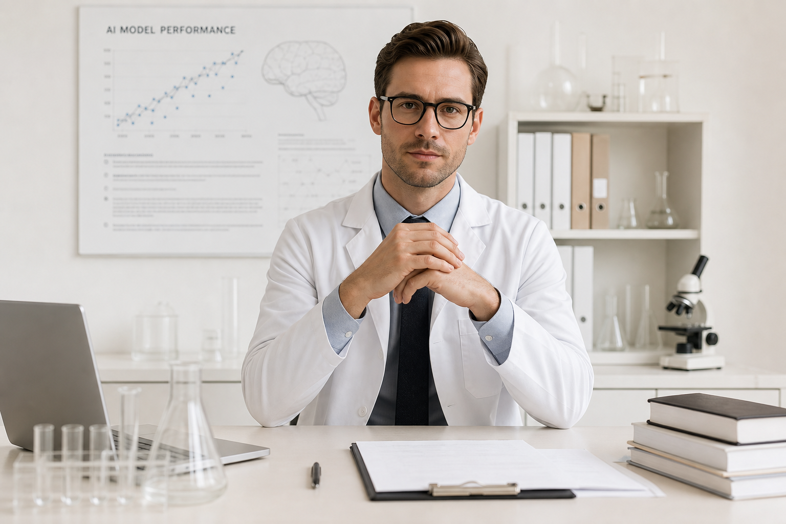 A man in a white lab coat sits at a desk in a staged research office, with charts and lab glassware arranged behind him.