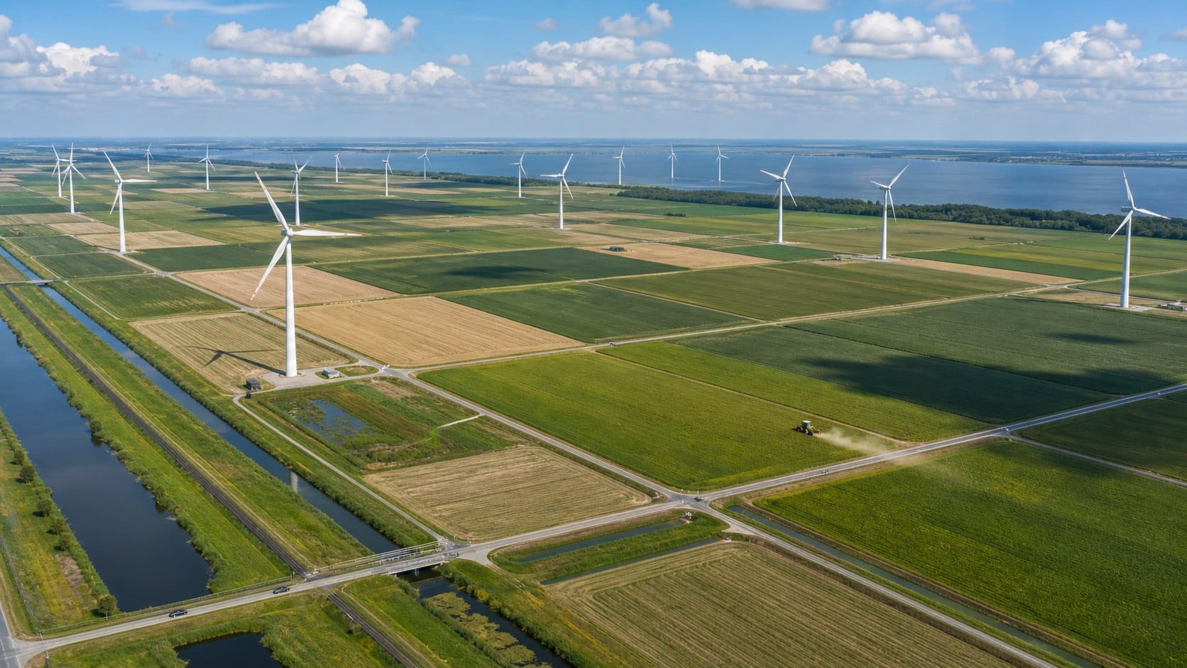 Windturbines in een open Nederlands poldergebied met weilanden en akkers; de tussenliggende grond blijft bruikbaar voor landbouw