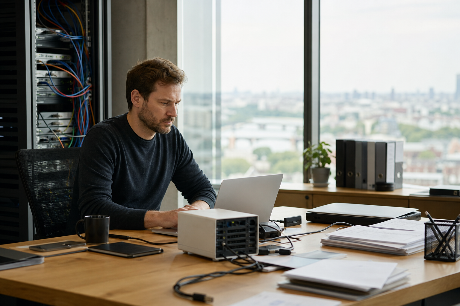 A man works at a desk with a laptop, a compact local server, loose cables, and a server rack beside a large city window.