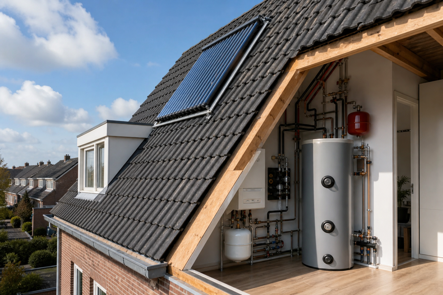 Zonnecollector op een schuin pannendak, gekoppeld aan leidingen en een groot voorraadvat in een Nederlandse woning