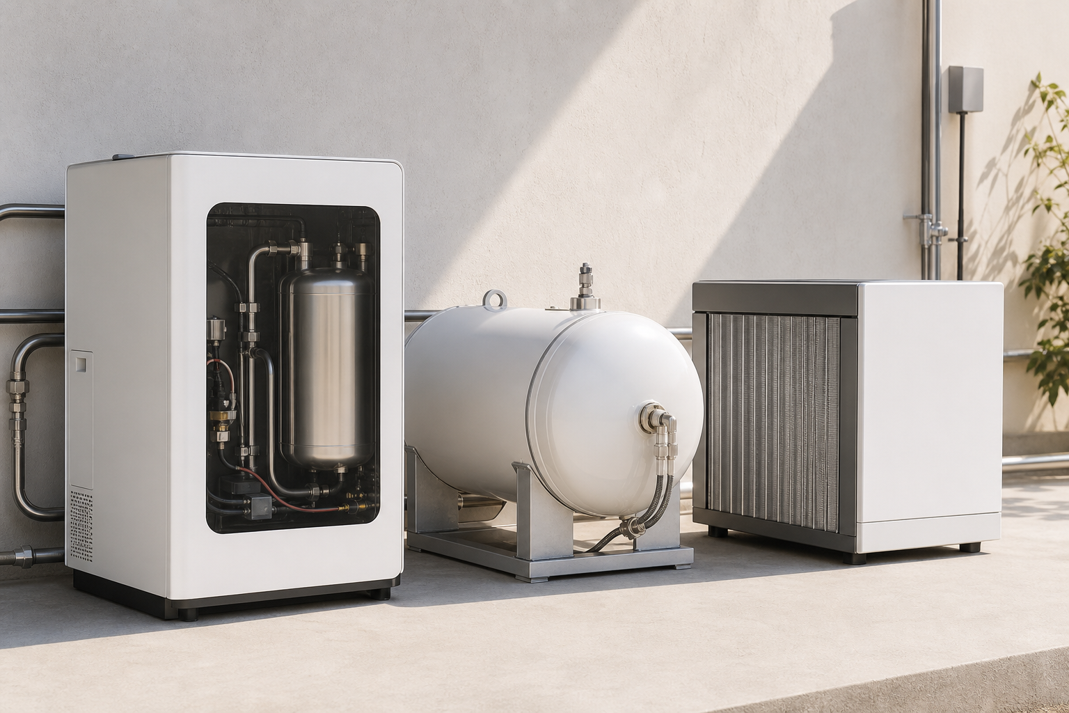 Close-up van waterstofenergieomzettingapparatuur: elektrolyzer, opslagcilinder en brandstofcelmodule
