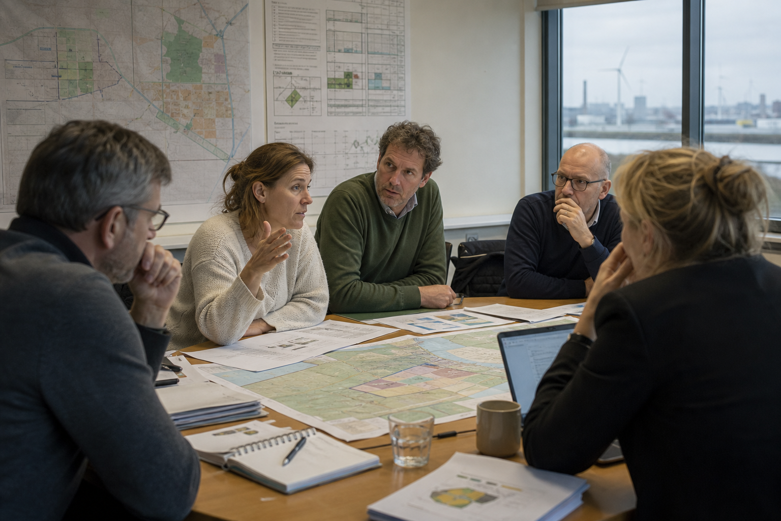 Bestuurders en planners buigen zich over een grote kaart terwijl hoogspanningsmasten en industrie zichtbaar zijn door de ramen.