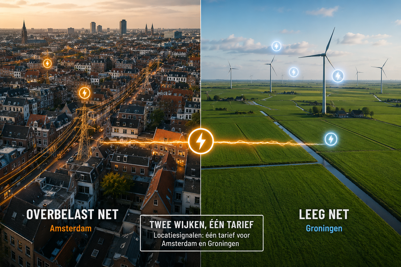 Luchtfoto van Nederland gesplitst in een stedelijk Randstad-gedeelte en een landelijk noordelijk deel, als illustratie bij het debat over locatiedifferentiatie in nettarieven