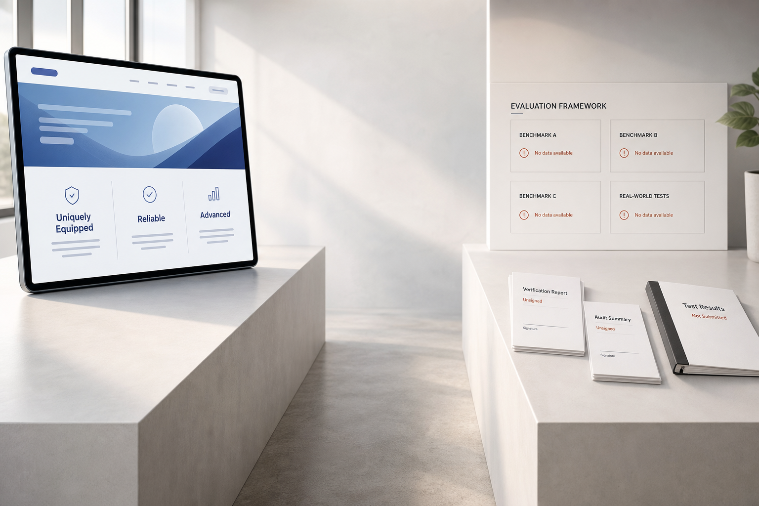 Tablet with confident product claims beside a benchmark board showing missing data and unsigned evaluation documents.
