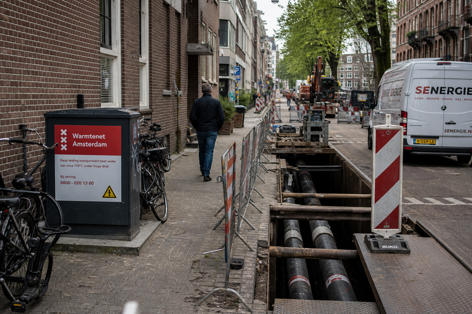 Warmtenetwerkzaamheden in een Amsterdamse straat, met een kast van Warmtenet Amsterdam, open sleuven en dikke leidingen langs de stoep.