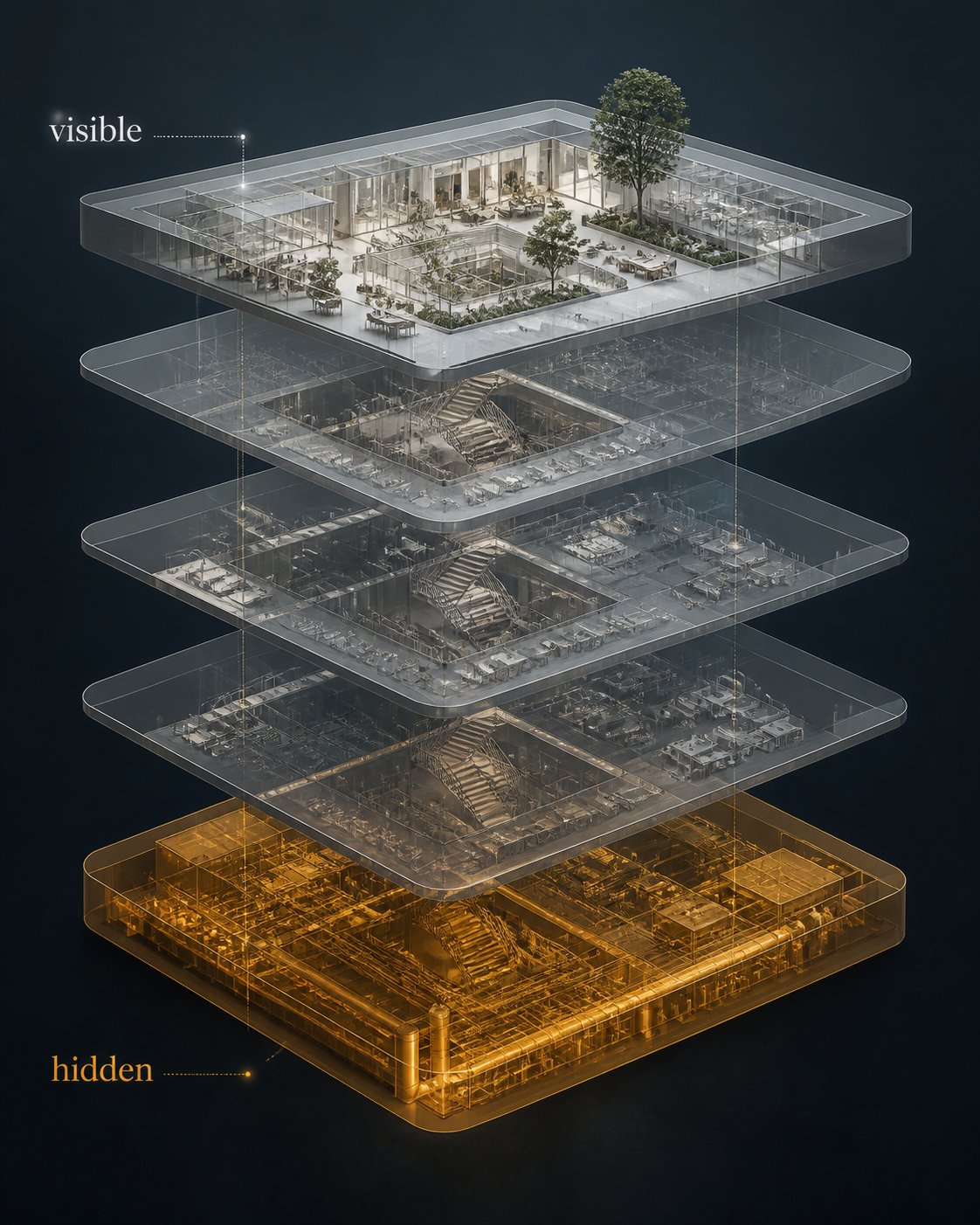 Architectural cross-section with 'visible' labeled at the top showing a bright open layer and 'hidden' at the bottom showing a glowing amber layer beneath multiple translucent stacked layers