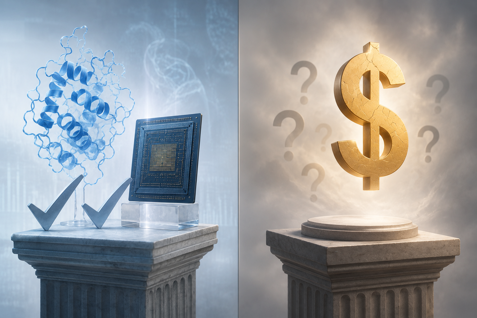 Split illustration showing a blue protein structure and microchip on pedestals with checkmarks on the left, and a golden dollar sign on a pedestal surrounded by question marks on the right.