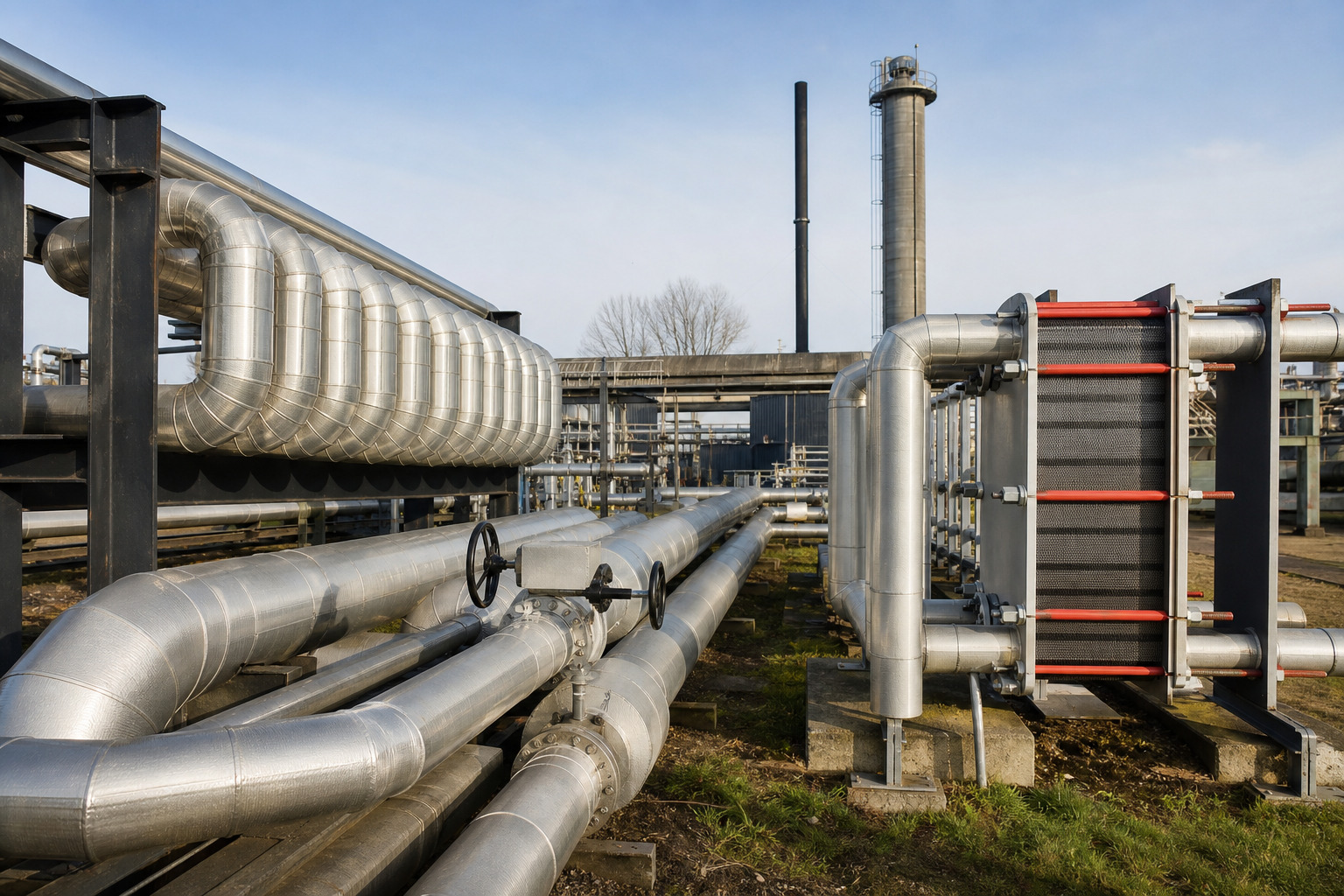 Geisoleerde leidingen en een warmtewisselaar in een industrieel warmtesysteem, met kleppen en buizen op de voorgrond.