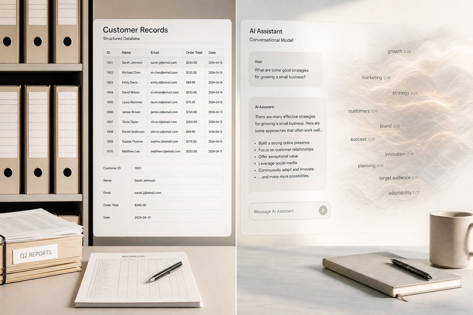 A split-screen office display contrasts a structured customer database with a conversational AI interface and a glowing cluster of marketing keywords.