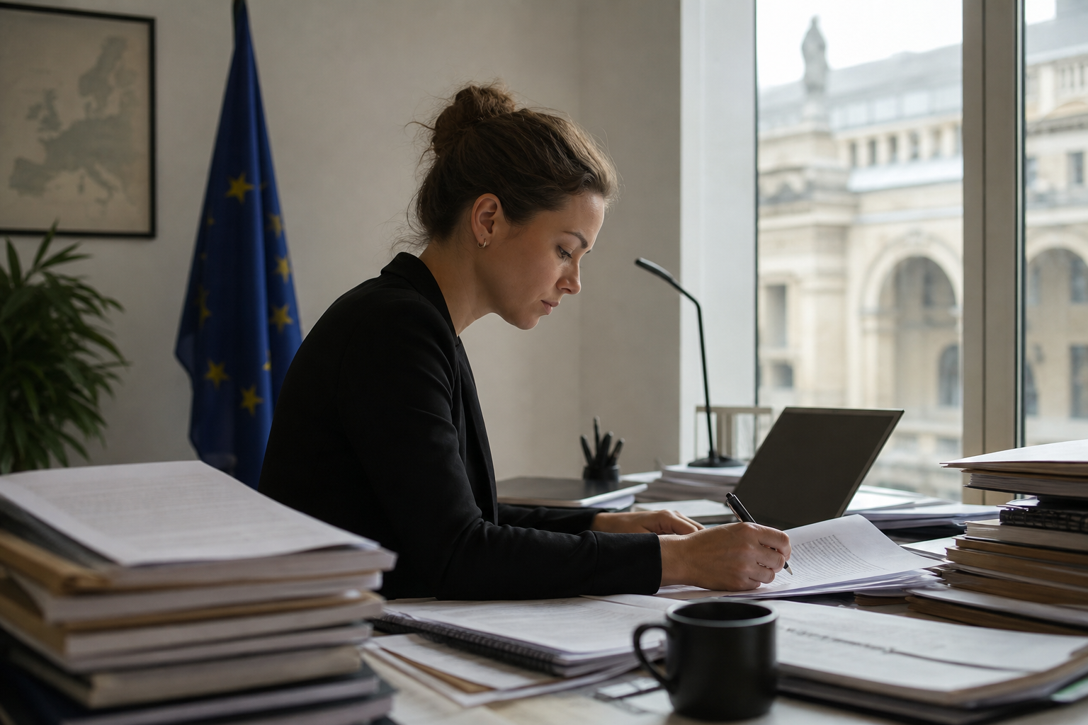 A woman reviews papers at a desk with a laptop in a government-style office, with a European flag and civic buildings in the background.