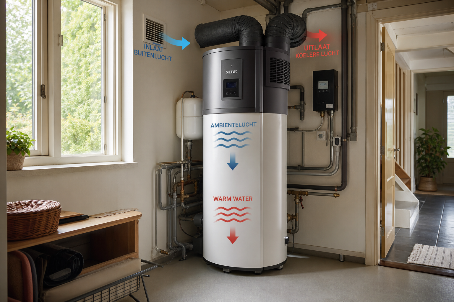 Warmtepompboiler in een open technische ruimte naast een woning, met luchtkanalen, leidingen en een groot voorraadvat zichtbaar