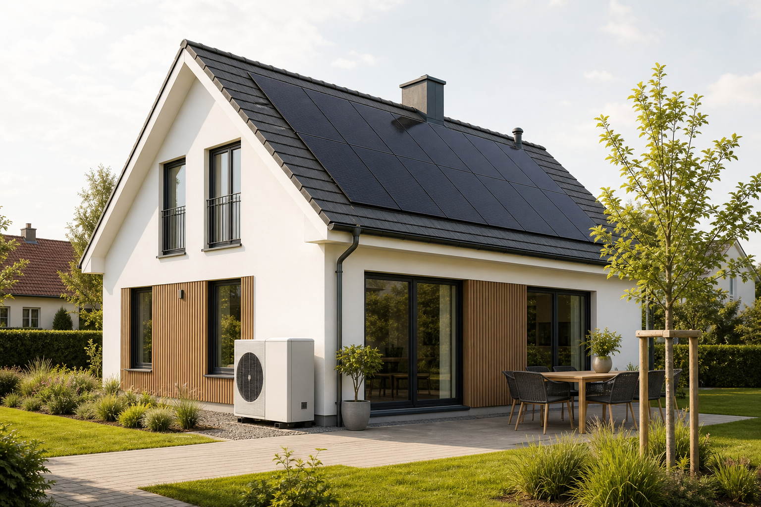 Scandinavisch woongebouw met zonnepanelen op het dak en zichtbare warmtepompunit aan de gevel