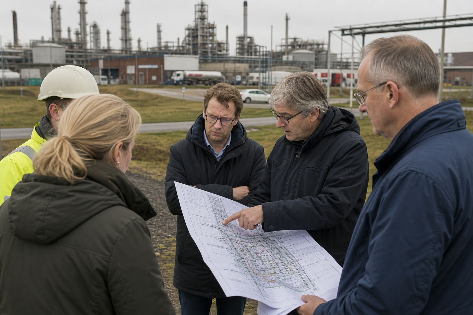 Zes mensen bespreken aan een vergadertafel kaarten en schema's voor een industriegebied, met het havengebied op de achtergrond.