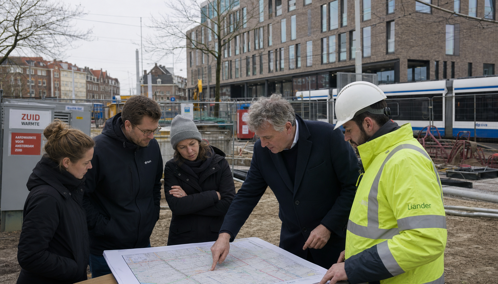 Bestuurders en planners overleggen rond kaarten en schema's, met spoorinfra en stadsbebouwing zichtbaar door de ramen van een vergaderruimte.