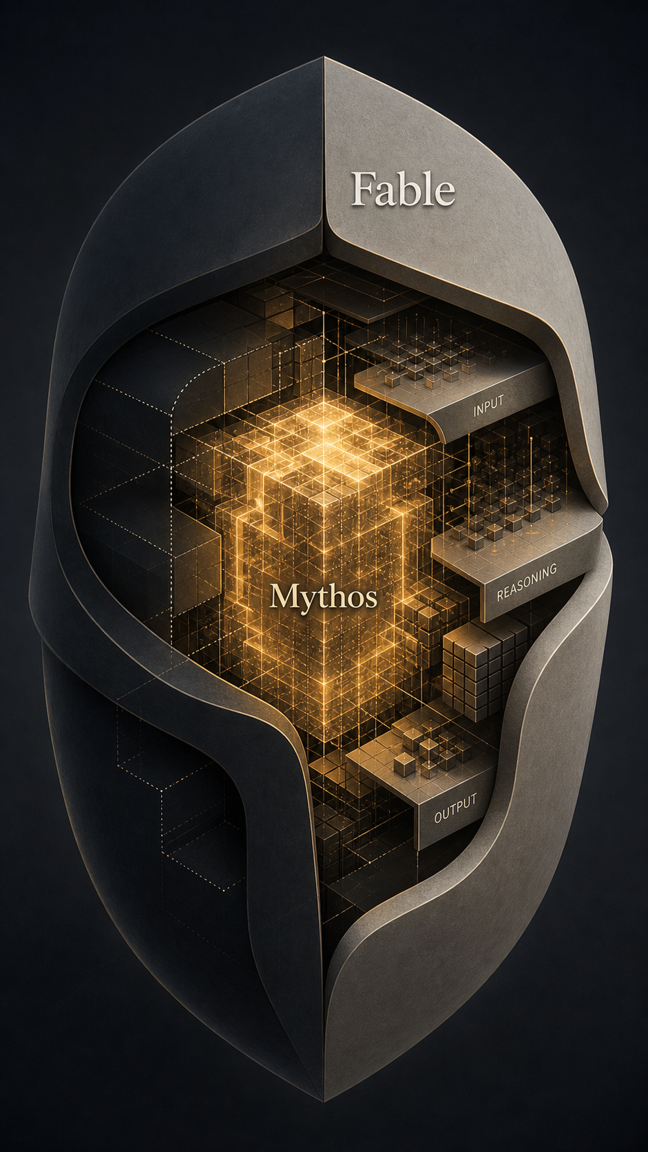 Cross-section of a stylized helmet in dark tones showing 'Fable' on the outer shell and a glowing 'Mythos' core at the center, with visible classifier structures between the two layers