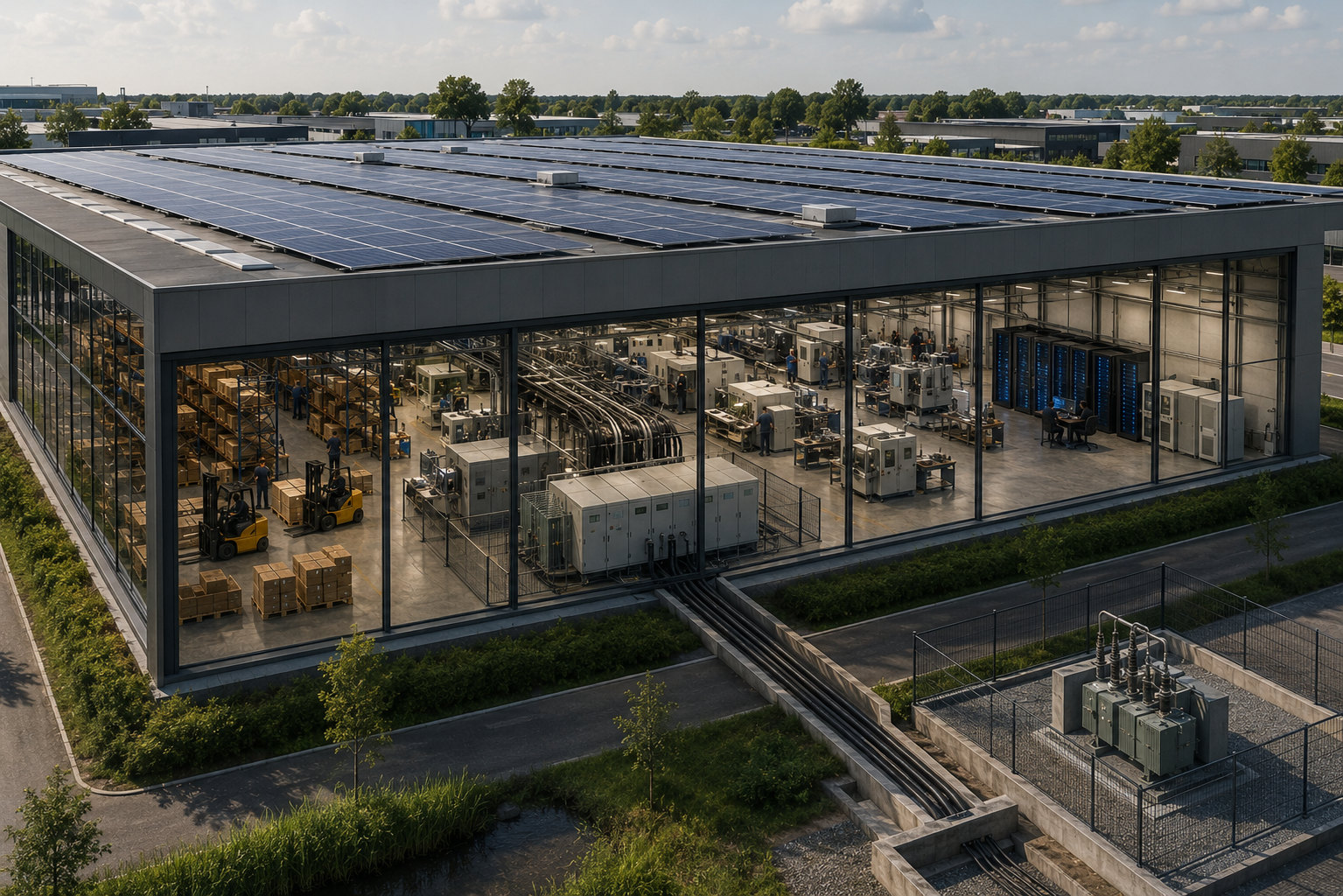 Industrieel gebouw met zonnepanelen op het dak, productiehal zichtbaar door glaswand, transformatorkast buiten