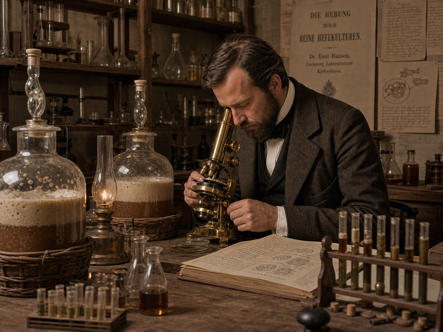 A scientist in period clothing examining a sample under a brass microscope in a bright nineteenth-century laboratory
