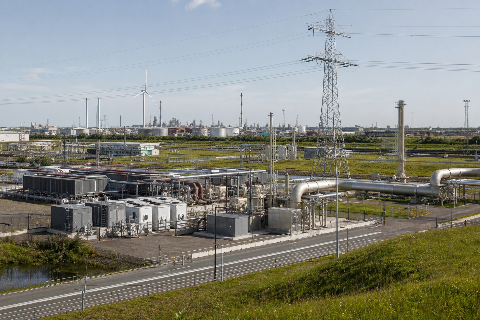 Energie-infrastructuur in een industriegebied met hoogspanningslijnen, opslagtanks en leidingen in een breed overzicht.