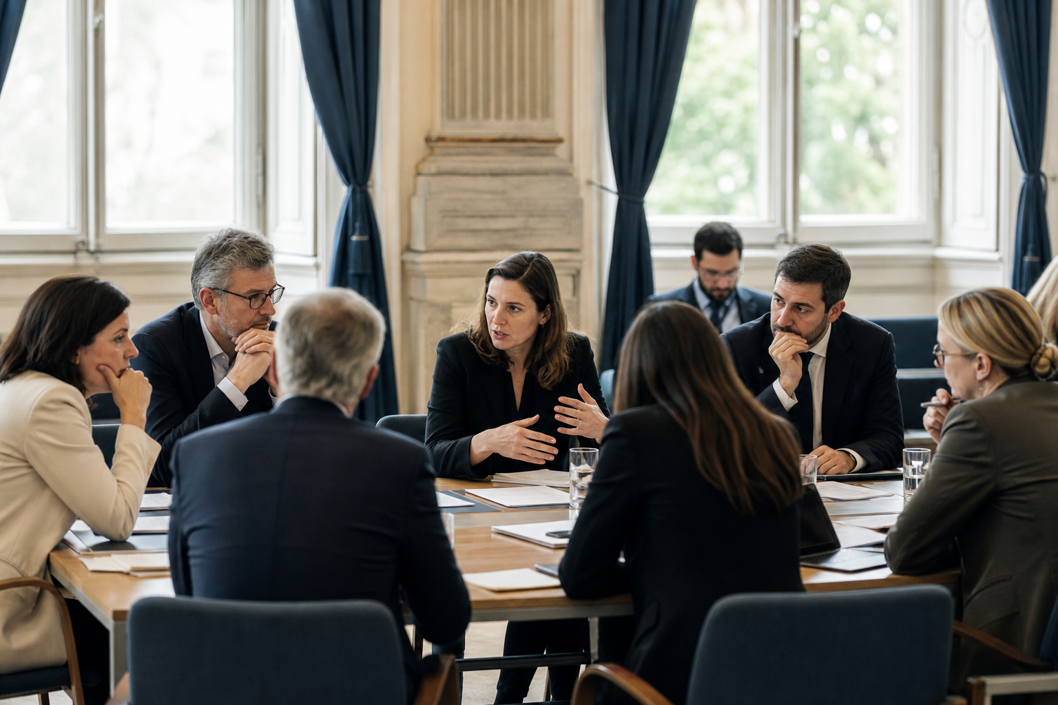 A group of officials sit around a meeting table in a bright institutional room while one speaker gestures during a policy discussion.