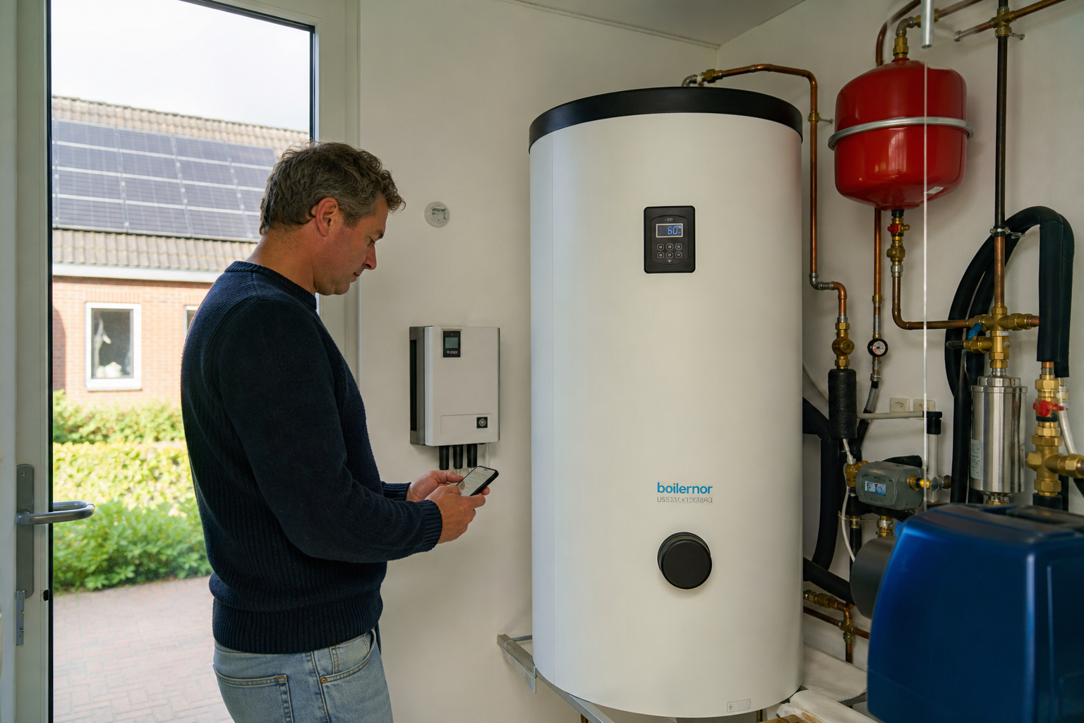 Elektrische boiler in een technische ruimte naast een bewoner, met zonnepanelen zichtbaar buiten en bediening via een smartphone
