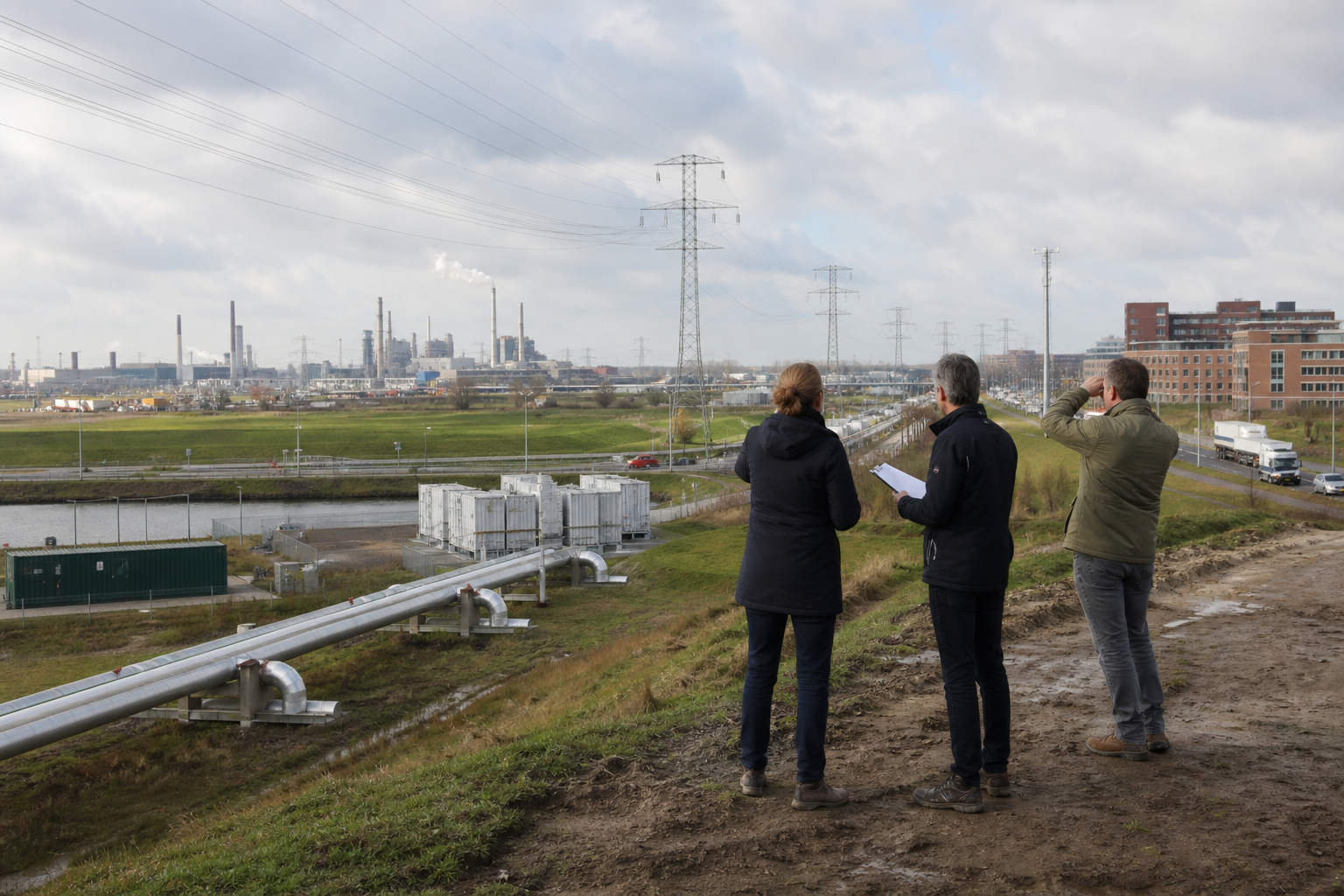 Een kleine groep mensen kijkt vanaf een dijk uit over leidingen, hoogspanningslijnen en een industrieel cluster.
