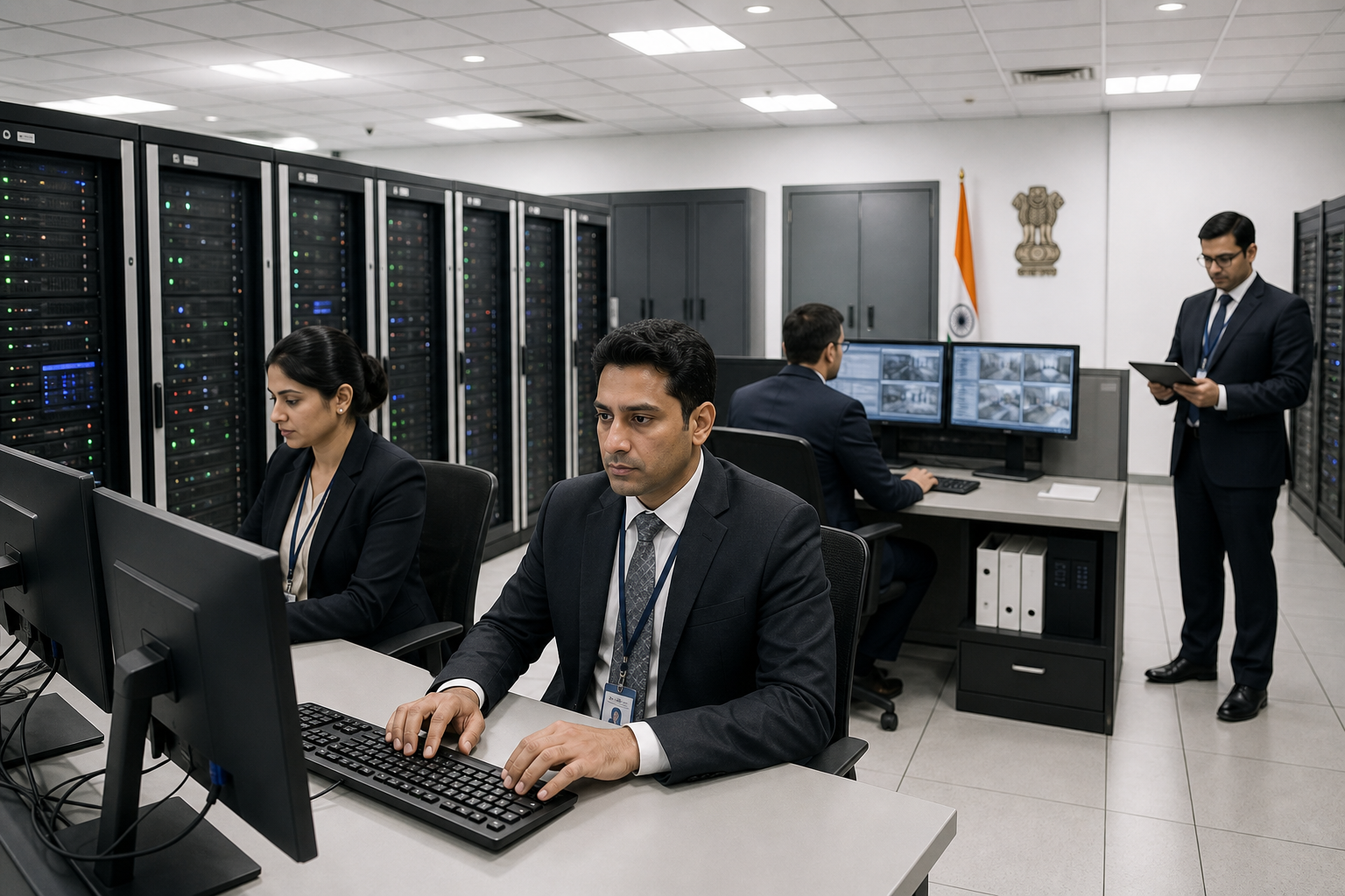Officials in formal attire working at terminals in an institutional government operations center