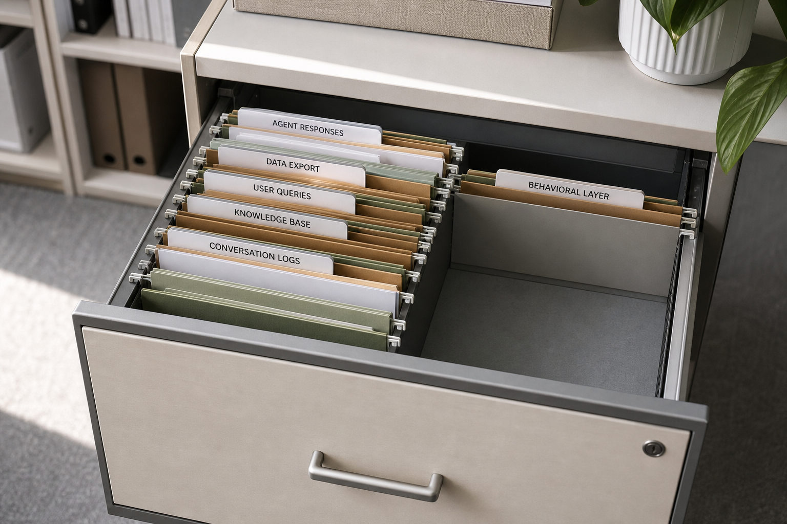 Open filing drawer with labelled folders for agent responses, data exports, user queries, knowledge base and conversation logs beside an empty behavioural layer