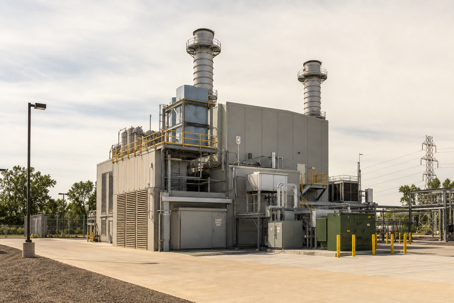 Compact gas turbine peaking plant with two exhaust stacks on a clean industrial site surrounded by fencing and equipment.