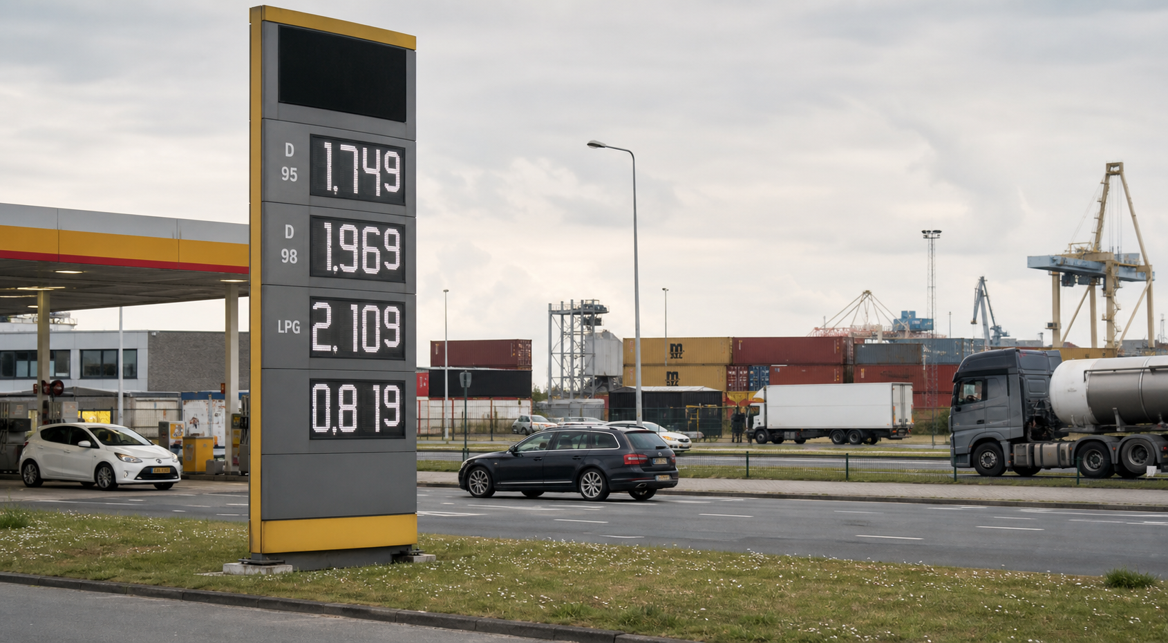Prijsbord van een tankstation met havenkranen, vrachtverkeer en een tankwagen op de achtergrond onder een grijze lucht.