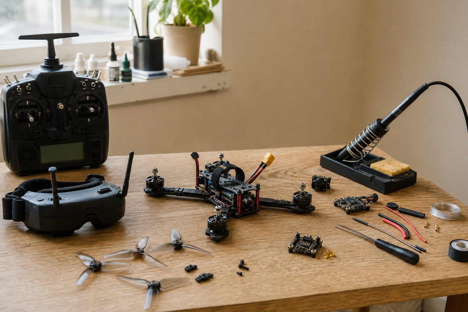 FPV drone, transmitter and goggles with tools and a soldering iron on a wooden hobbyist workbench