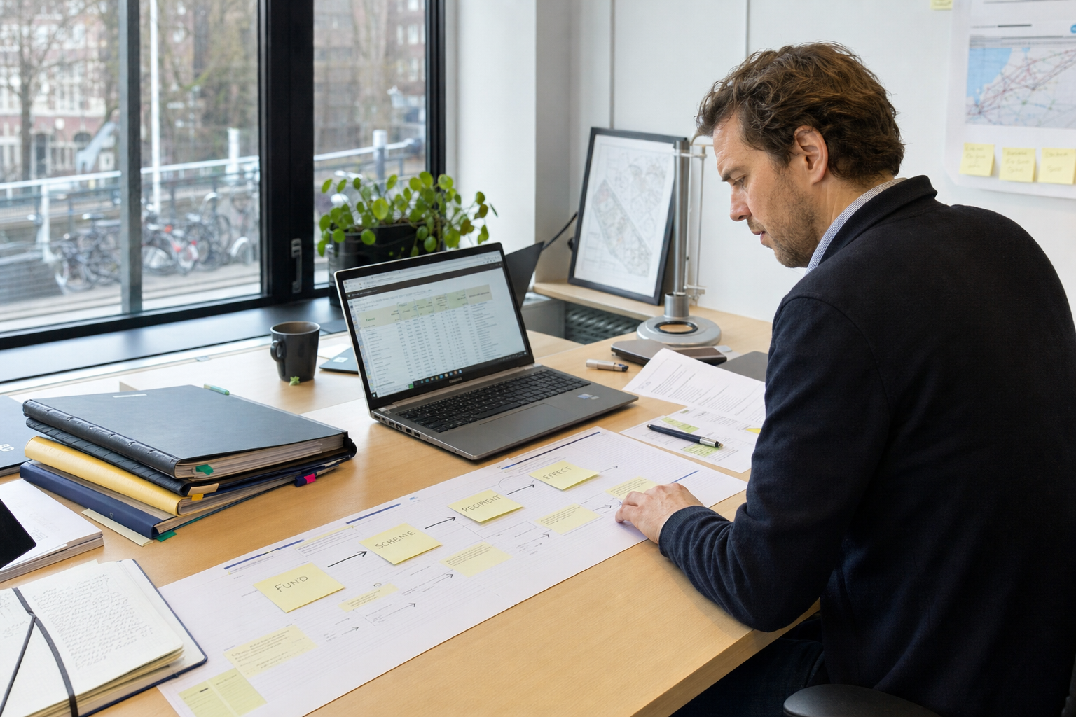 Schema op papier waarop fonds, regeling, ontvanger en effect als opeenvolgende stappen in een publiek spoor zijn uitgezet.