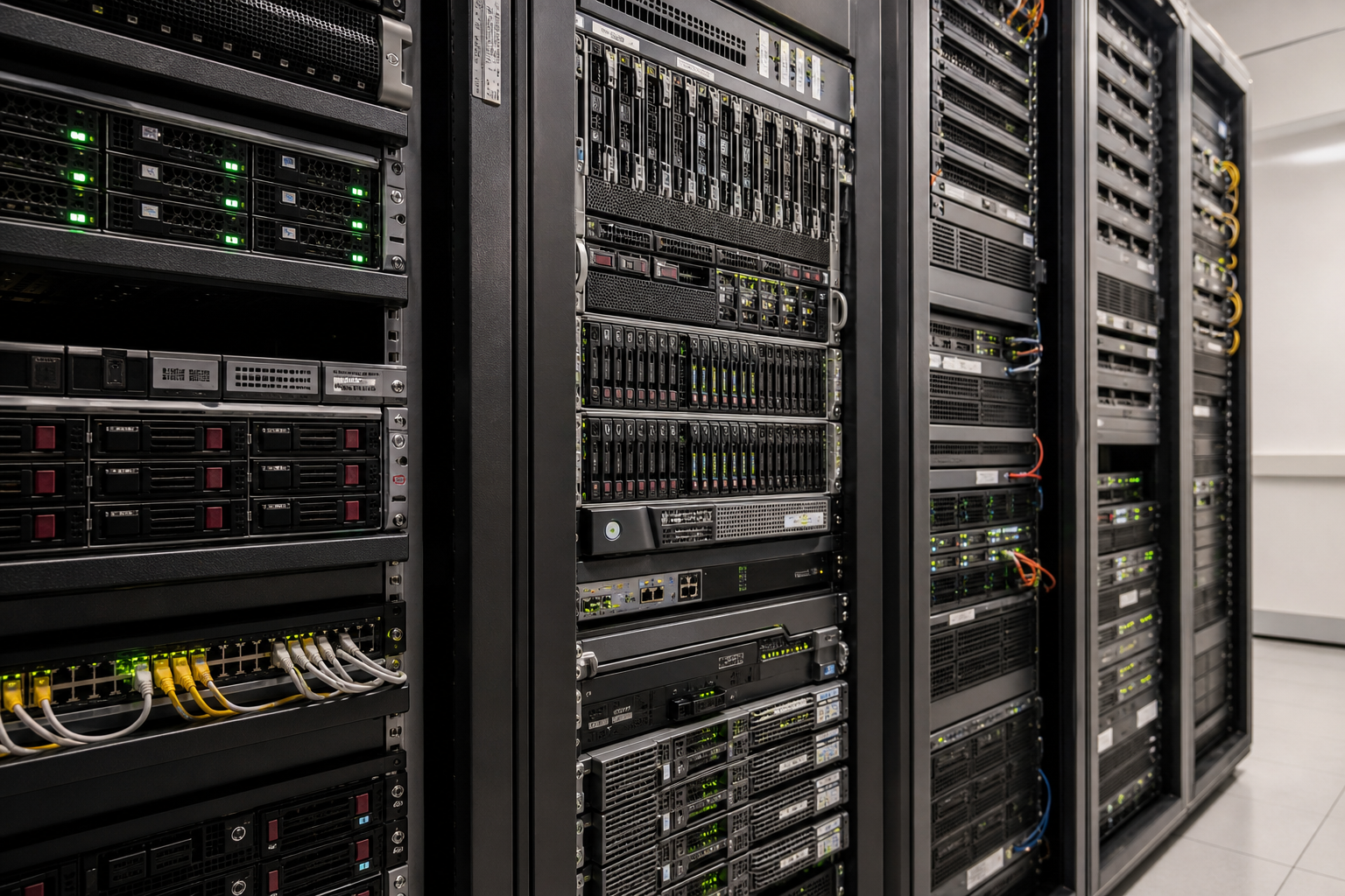 Rows of black server racks with computing hardware, indicator lights, and cable bundles in a data center corridor.