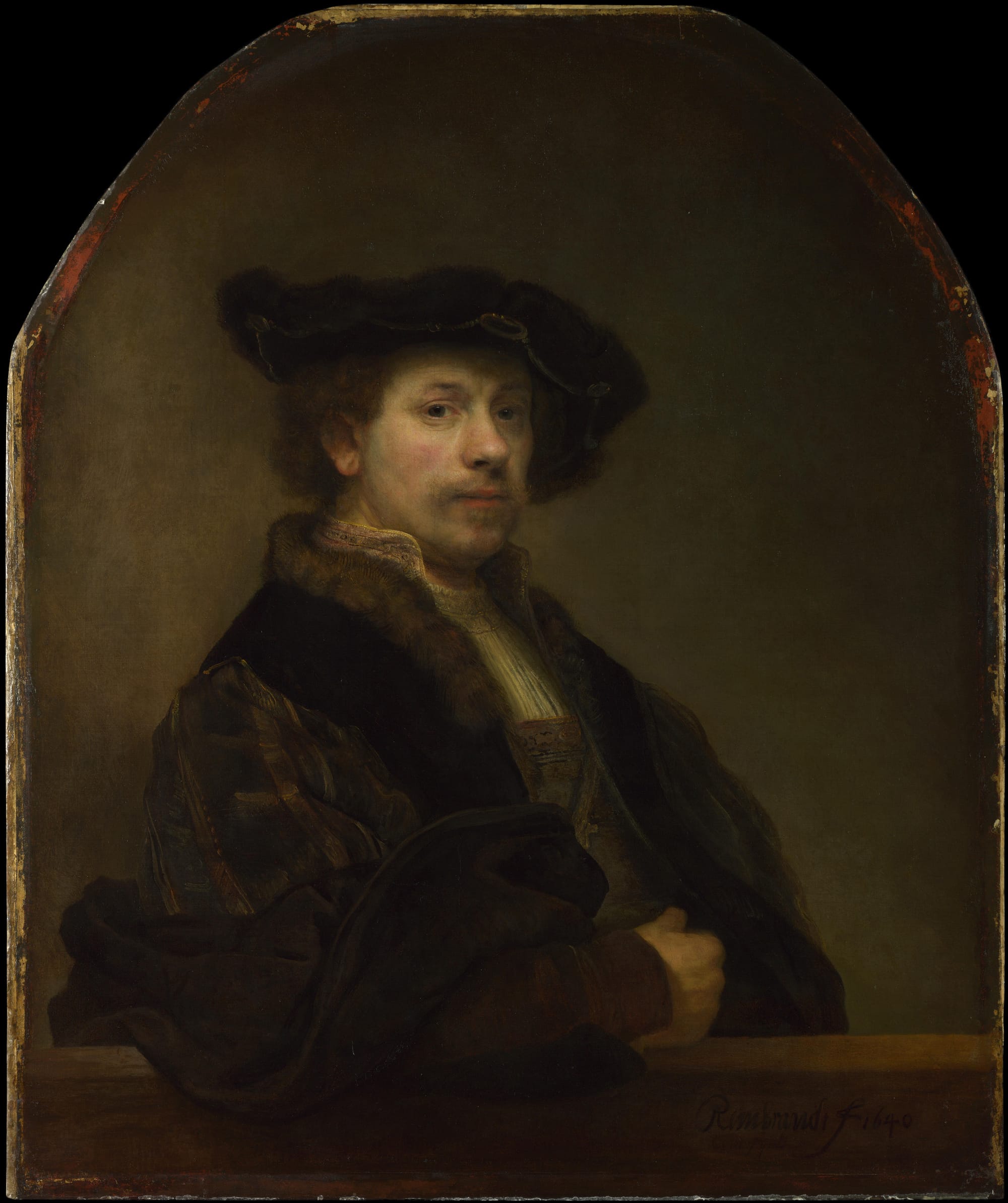 Oil painting of Rembrandt at age 34, wearing dark clothing and white lace collar, direct gaze, warm chiaroscuro lighting