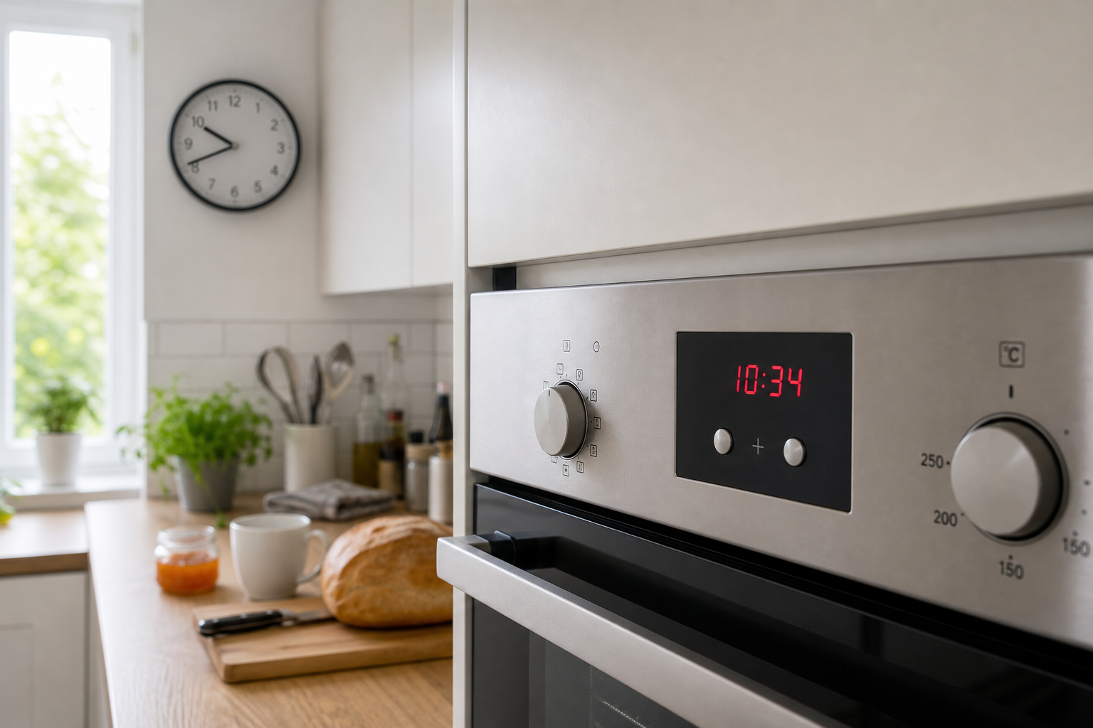 A bright kitchen with a built-in oven whose digital clock is visibly several minutes off, beside a wall clock and kitchen counter.