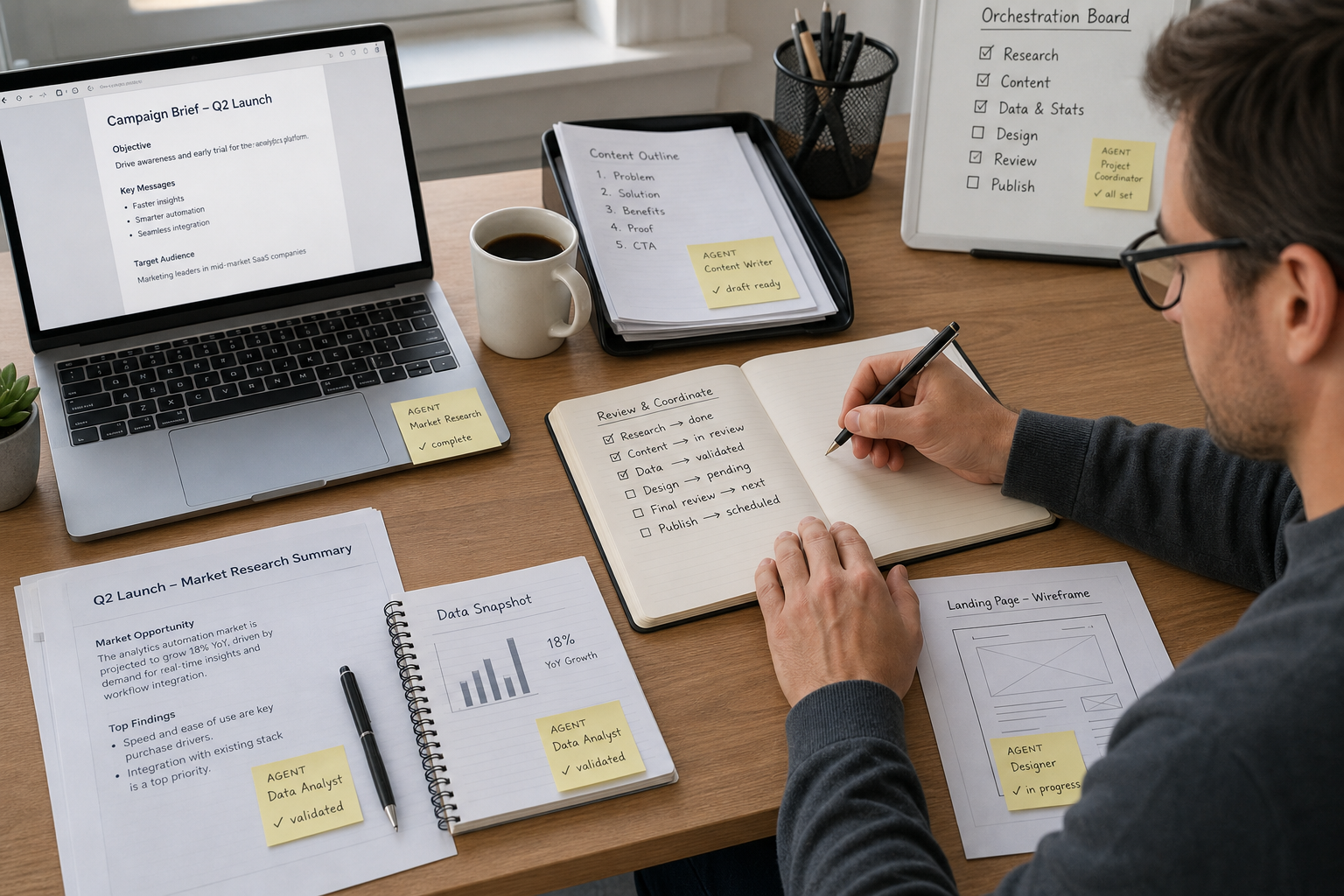 Desk with laptop, notebook, printed task sheets, and sticky notes showing separate workflow steps around one coordinator